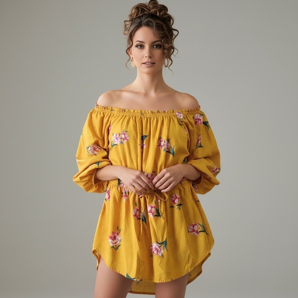 Speed Limit Yellow Floral Off The Shoulder Top 2X Cottagecore Boho Peplum Tunic